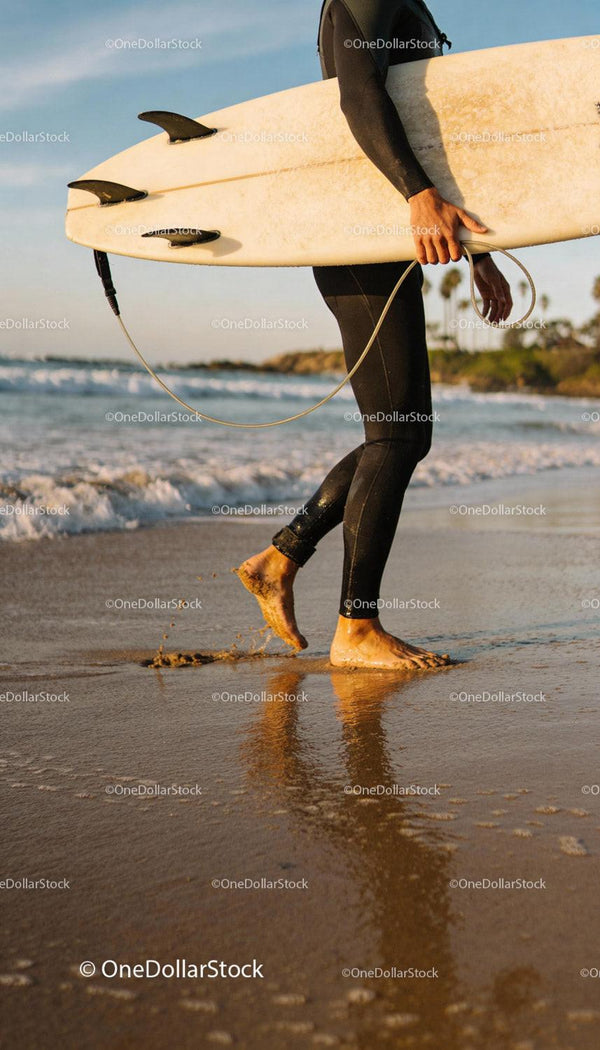 Surfer walking barefoot with board at sunset beach
