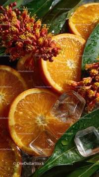 Vivid Orange Slices with Tropical Leaves and Ice Cubes