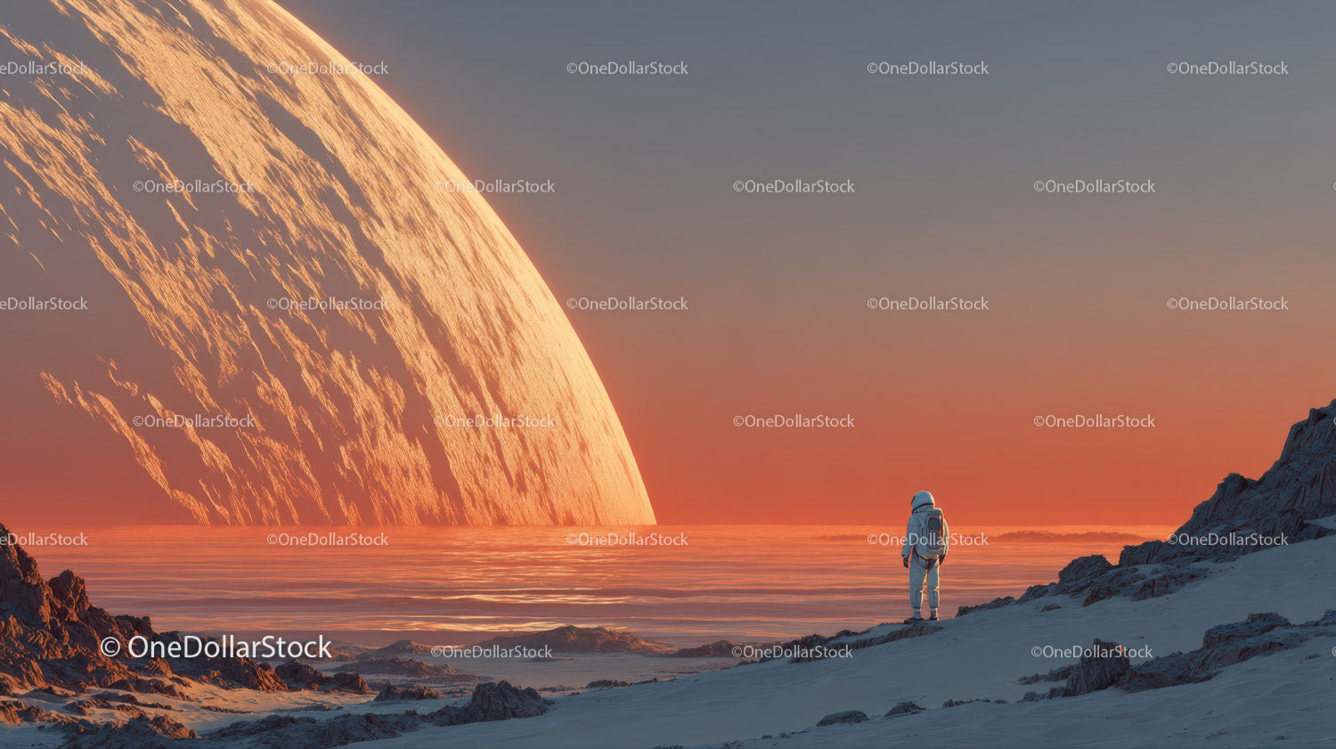 Astronaut Exploring a Surreal Alien Landscape with a Giant Orange Planet