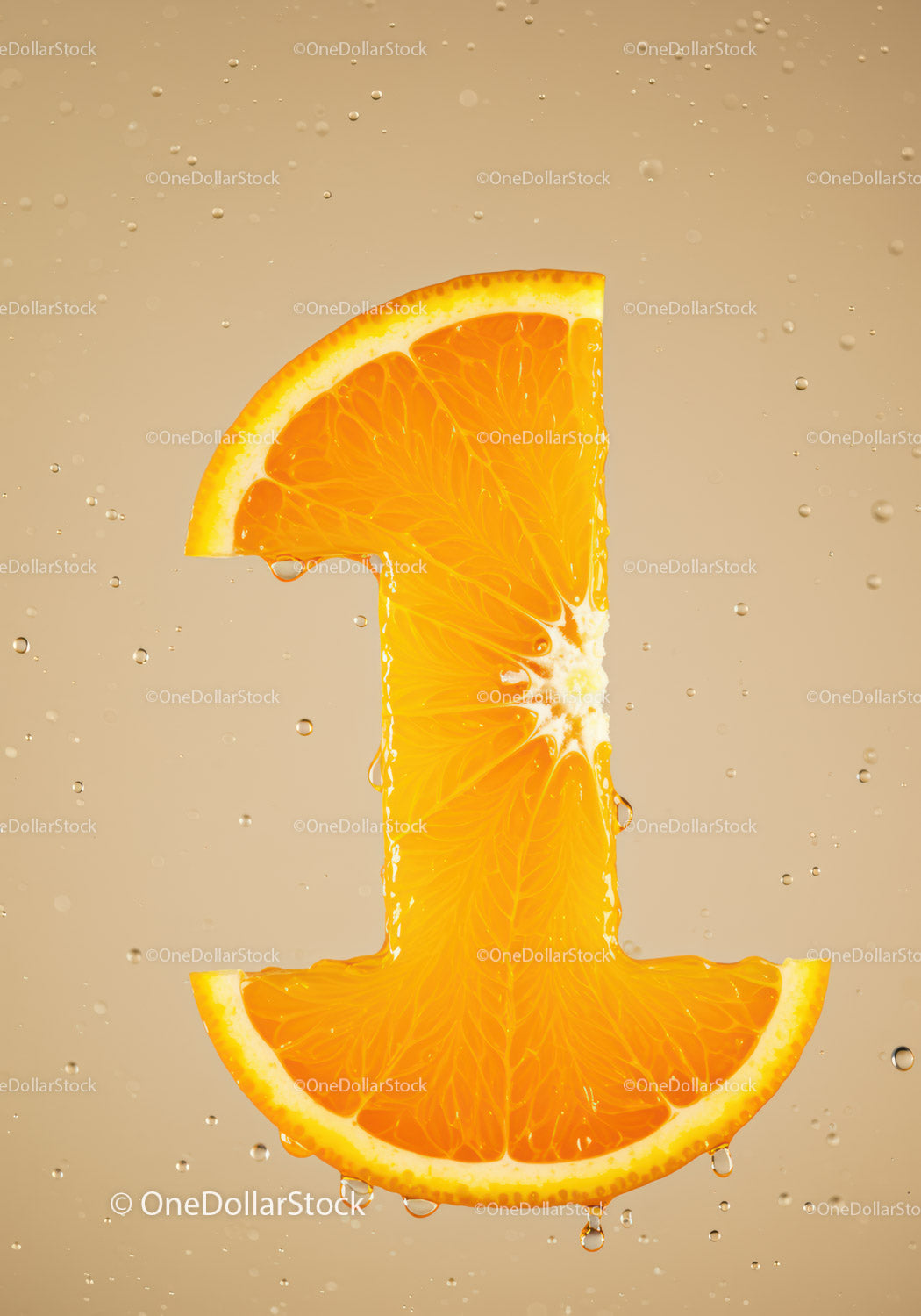 Fresh orange slice shaped as number one with water drops