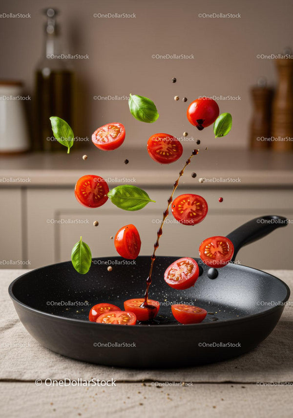 Fresh cherry tomatoes and basil leaves falling in pan