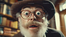 Elderly Man with Glasses and Hat Showing Surprise in Library Setting