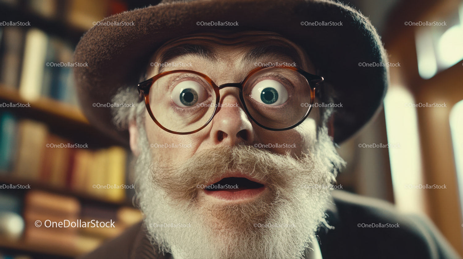 Elderly Man with Glasses and Hat Showing Surprise in Library Setting