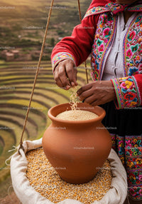 Hands Sorting Quinoa Seeds in Traditional Andean Pottery