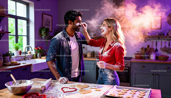 Couple Playfully Baking Heart Shaped Cookies Together