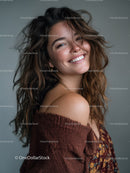Joyful Woman with Curly Hair Smiling in Casual Fashion