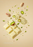 Closeup of white chocolate with pistachio nuts falling