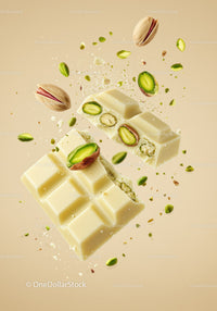 Closeup of white chocolate with pistachio nuts falling