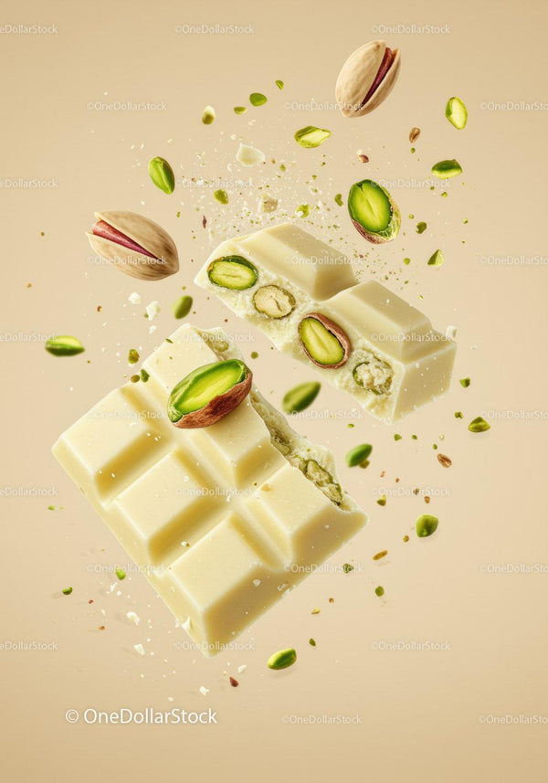 Closeup of white chocolate with pistachio nuts falling