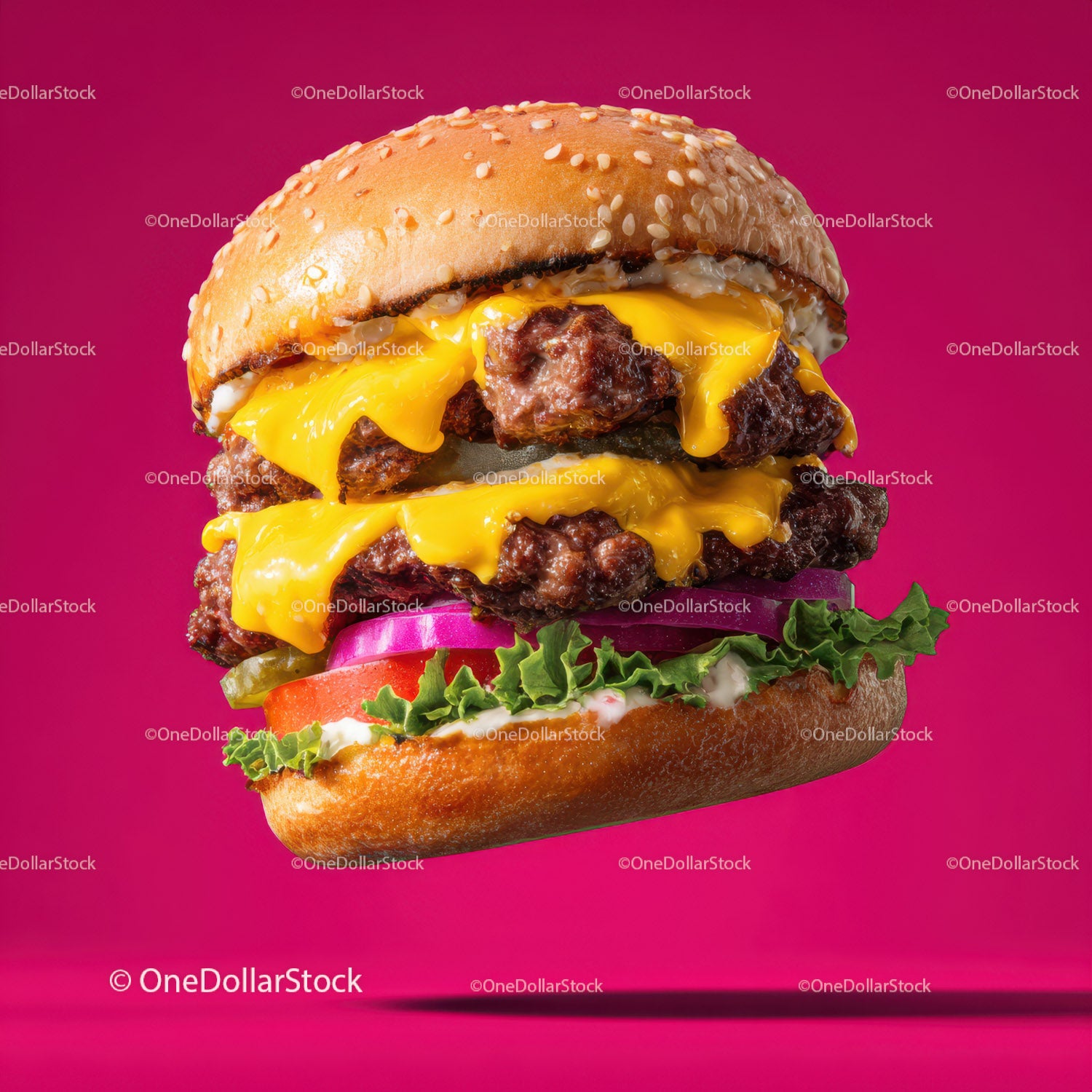 Stacked Cheeseburger with Multiple Beef Patties and Fresh Toppings