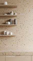 Terrazzo Wall Kitchen Shelves with Ceramic Cups and Storage Jars