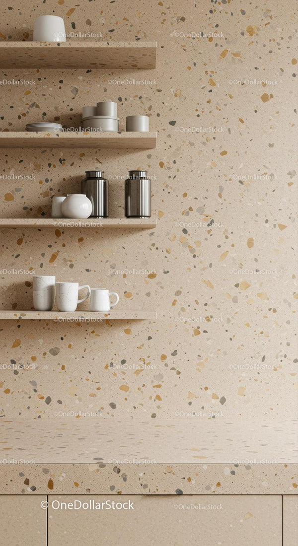 Półki Kuchenne na Ścianie z Terrazzo z Ceramicznymi Kubkami i Pojemnikami