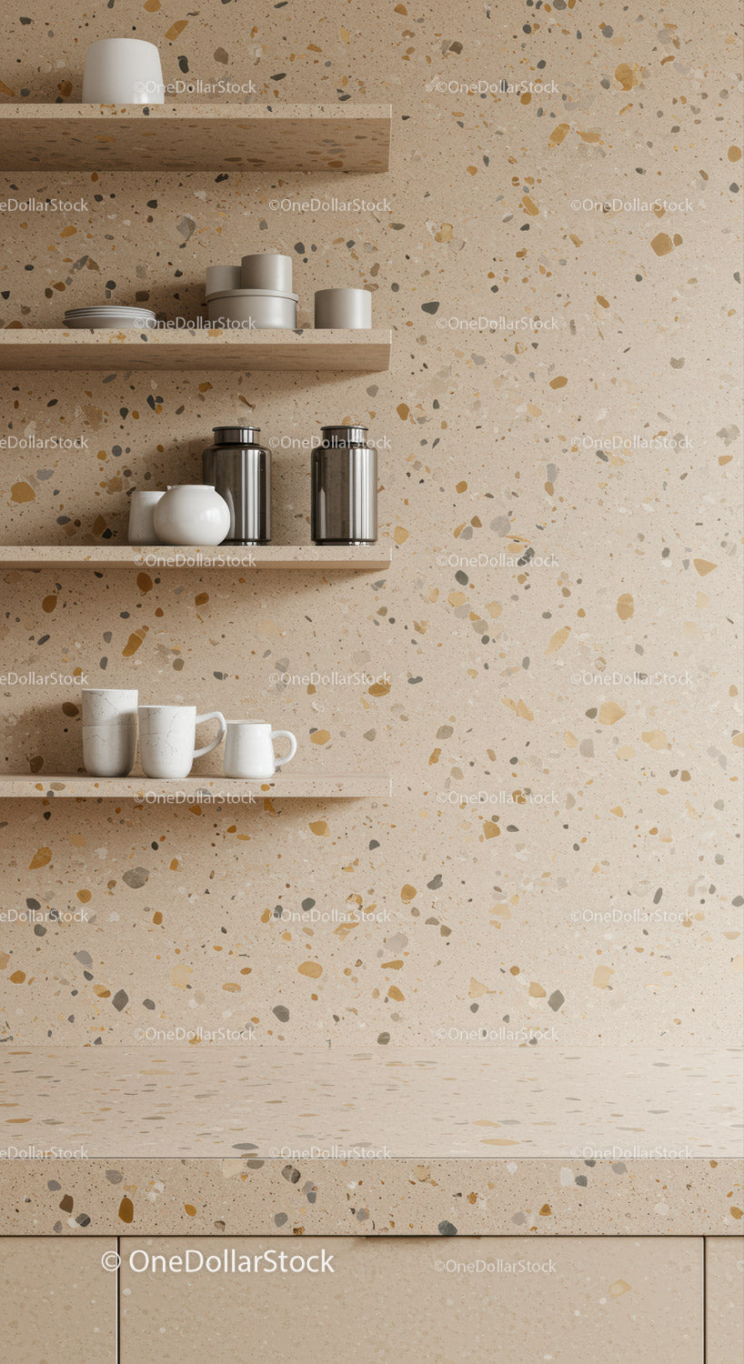 Terrazzo Wall Kitchen Shelves with Ceramic Cups and Storage Jars