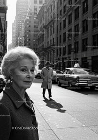 Black and White City Street Scene with Elderly Woman and Vintage Car