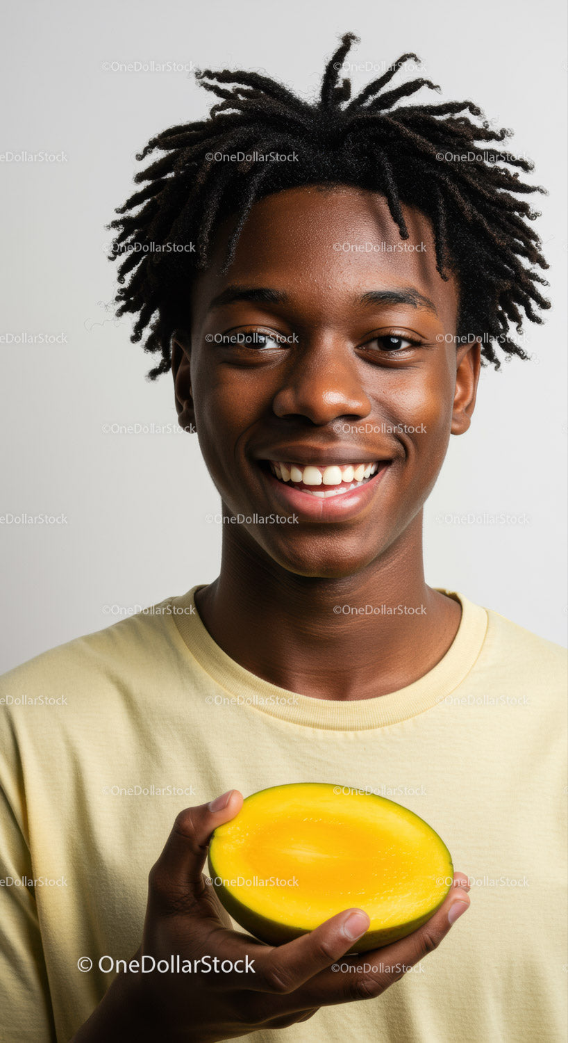 Young Man Holding Yellow Mango Smiling Cheerfully