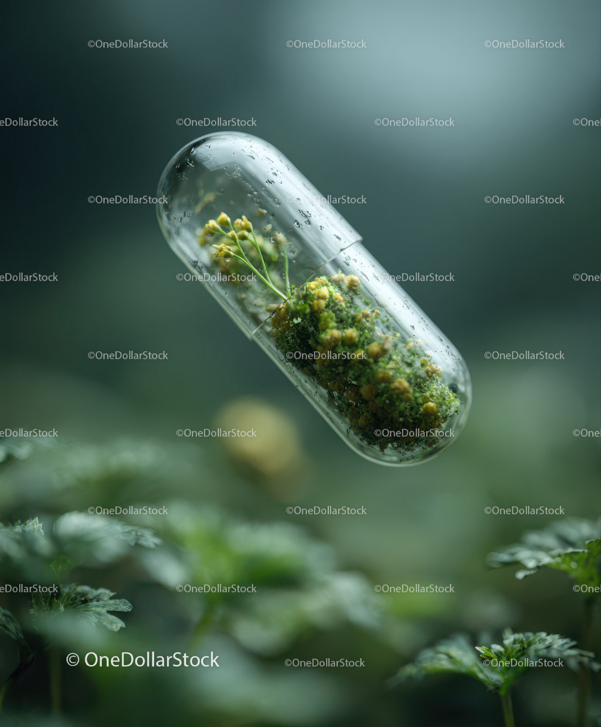 Capsule with Green Moss and Tiny Yellow Flowers for Wellness