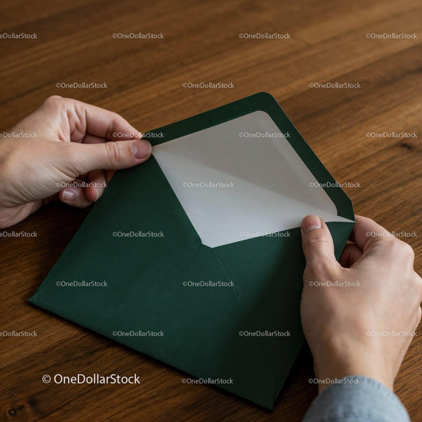 Hands Opening Dark Green Envelope on Wooden Table JPG Mockup Image