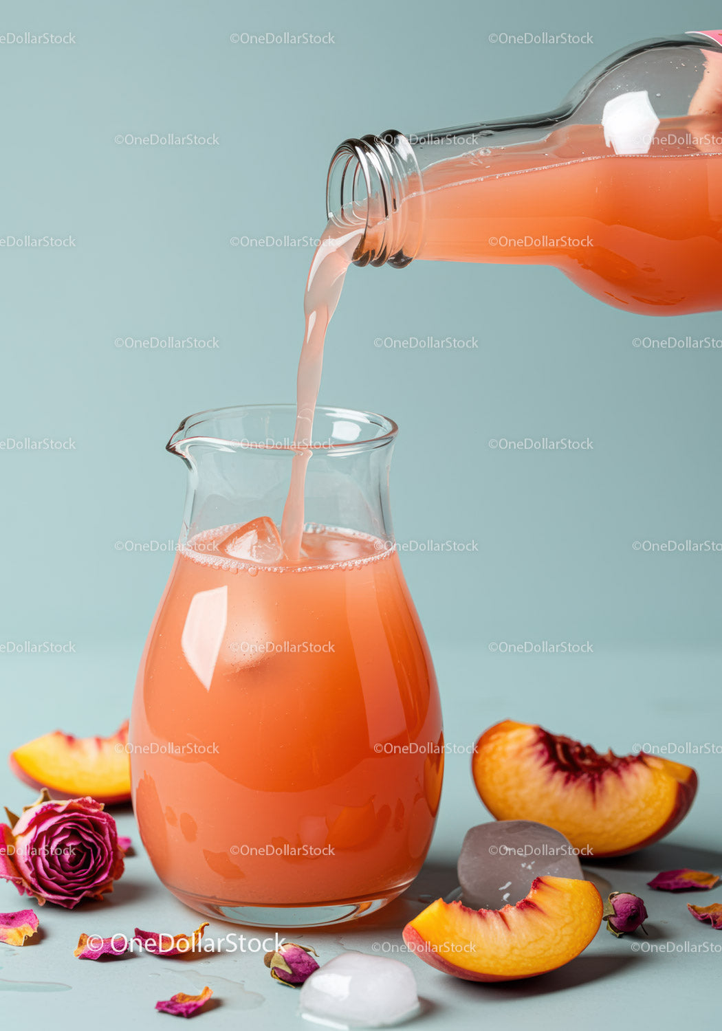 Refreshing Peach Juice Being Poured into Glass Jug