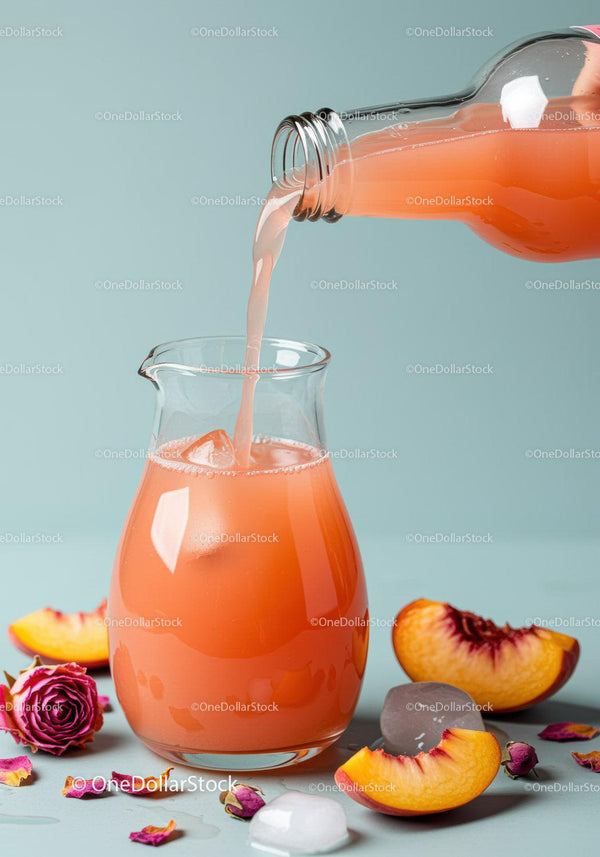 Refreshing Peach Juice Being Poured into Glass Jug