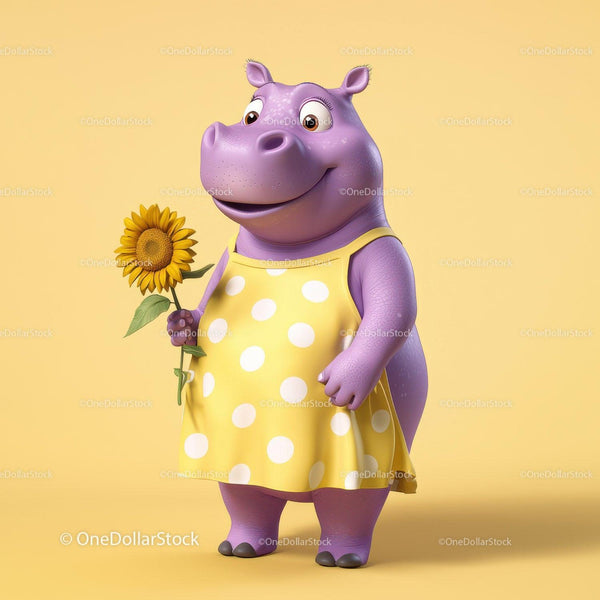 Cheerful Purple Hippo Holding Sunflower