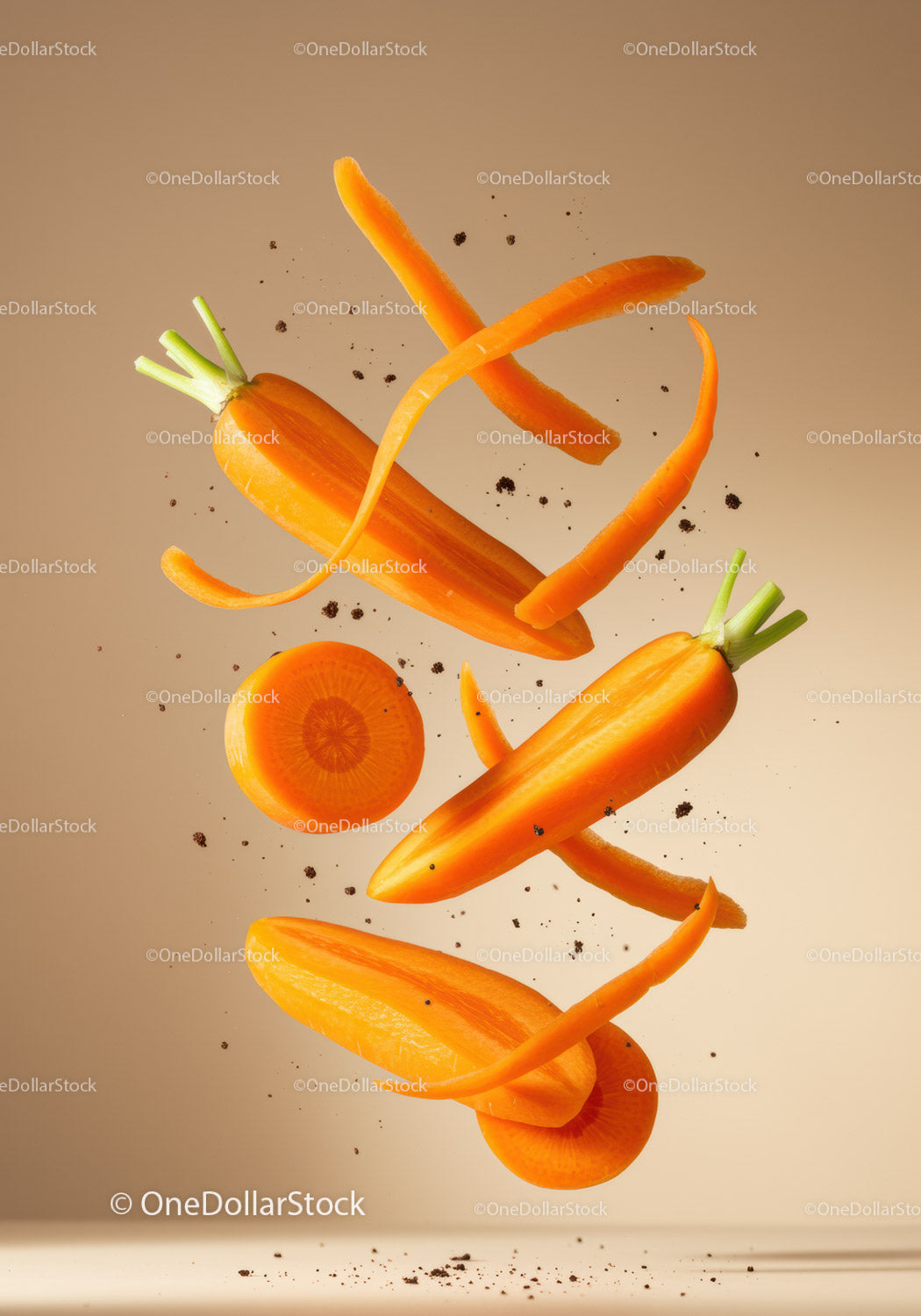 Fresh carrots and peels floating over beige background