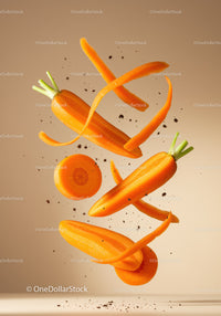 Fresh carrots and peels floating over beige background