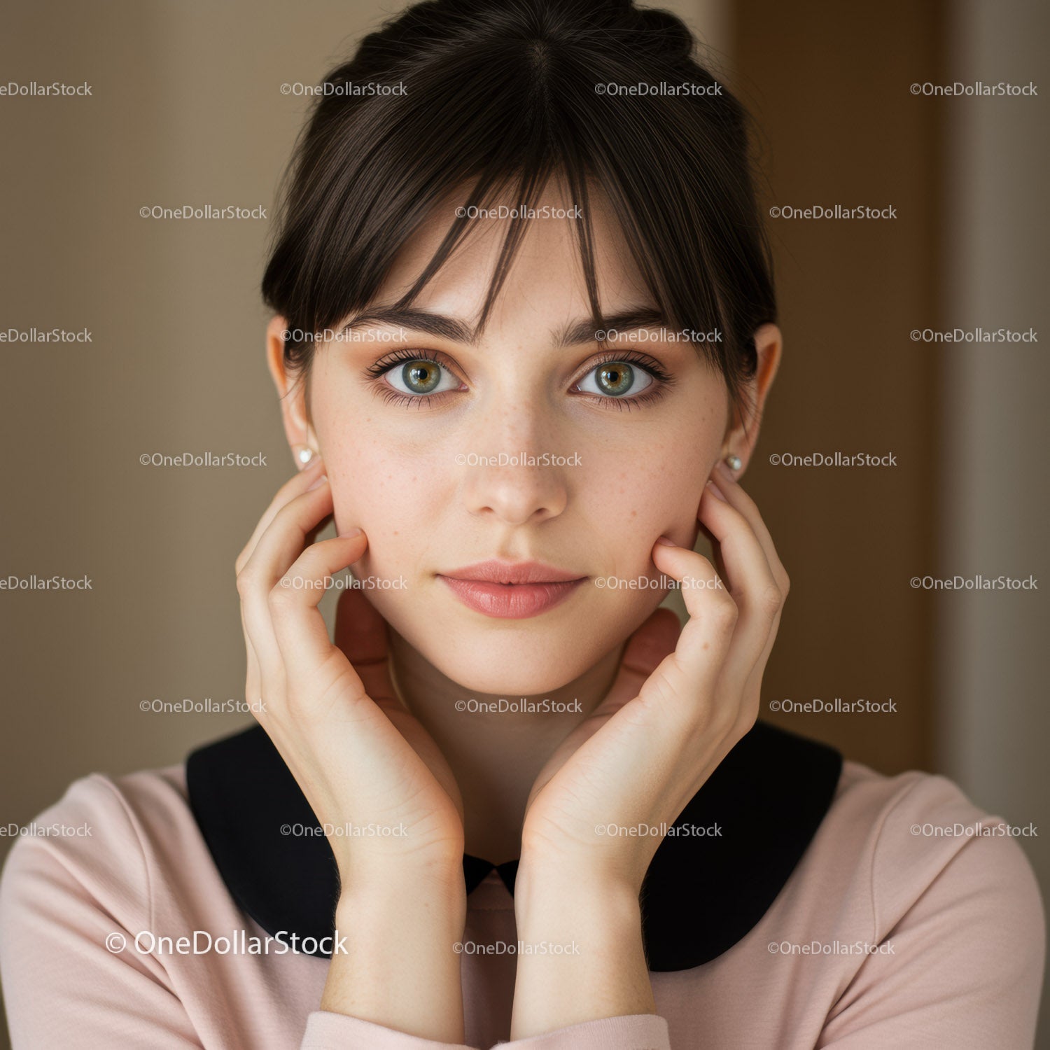 Young Woman with Bright Green Eyes and Natural Makeup in Close-Up