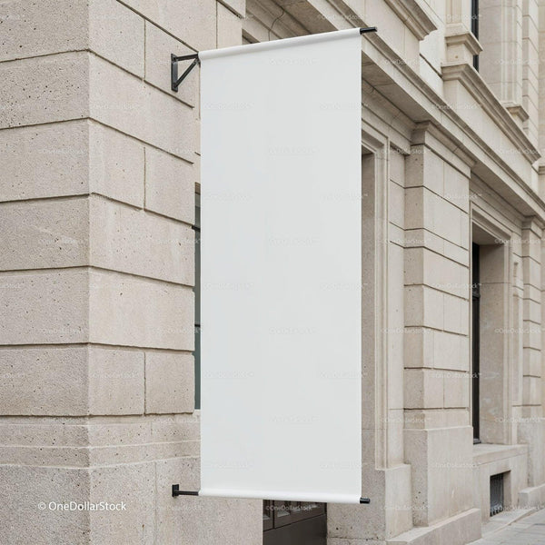 Blank White Banner Hanging on Classic Stone Building JPG Mockup Image