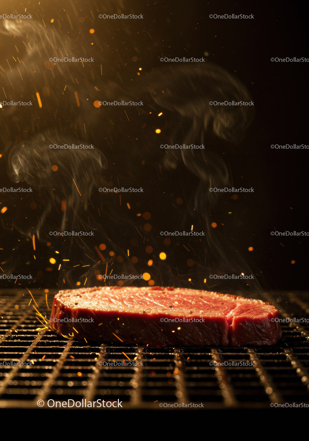 Surowy stek skwierczący w dymie i iskrach na grillu