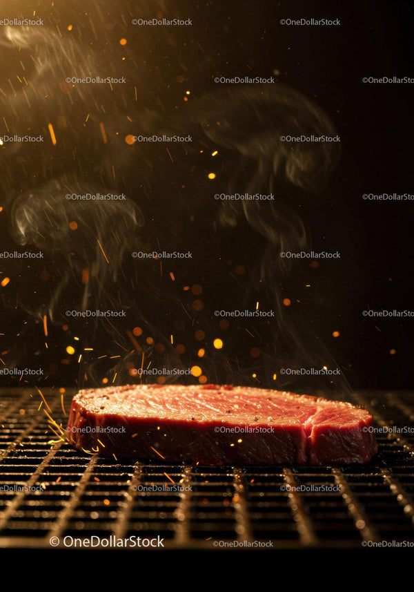 Raw steak sizzling with smoke and sparks on grill