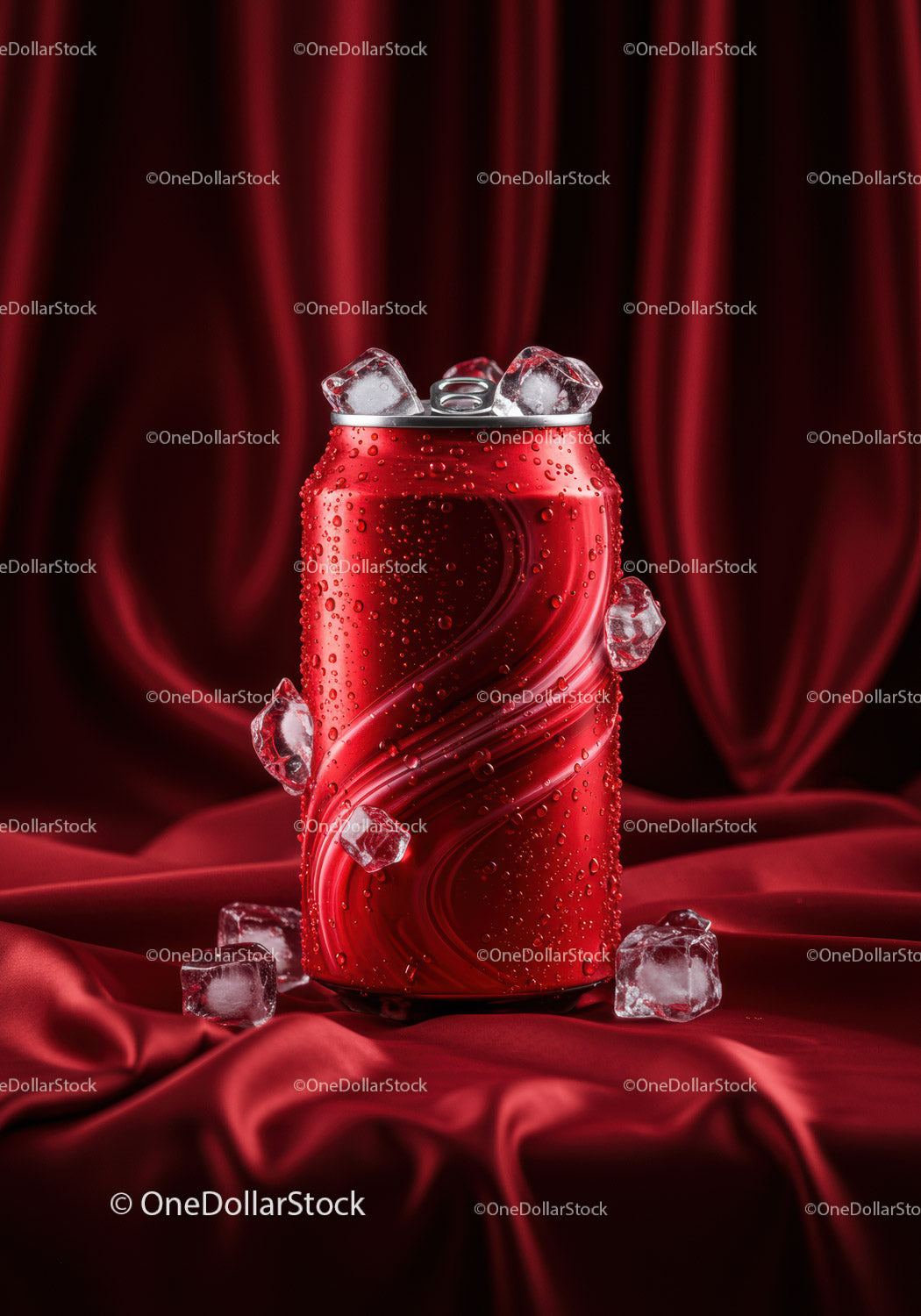 Cold beverage can with ice cubes on red fabric