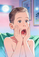 Surprised boy with hands on face in cozy room