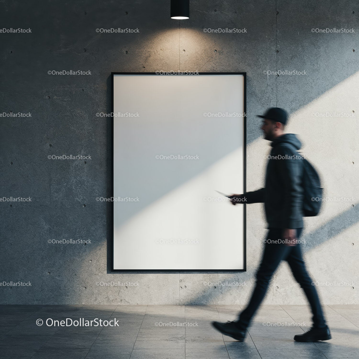 Man Walking Past Blank Poster in Industrial Interior
