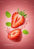 Fresh Strawberry Halves Splashing with Mint Leaves
