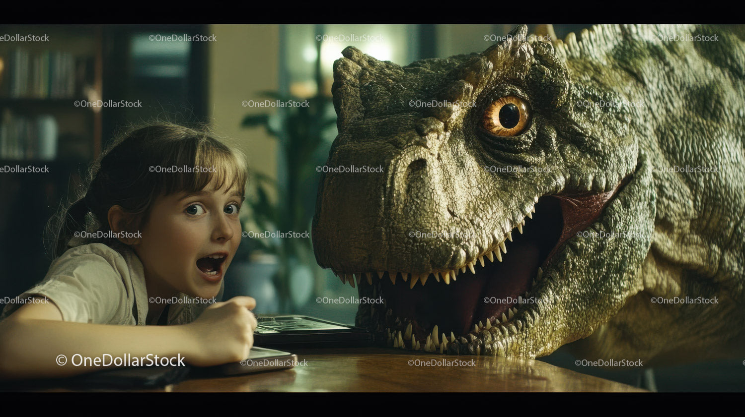 Young Girl with Surprised Expression Facing Realistic Dinosaur Model