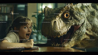 Young Girl with Surprised Expression Facing Realistic Dinosaur Model