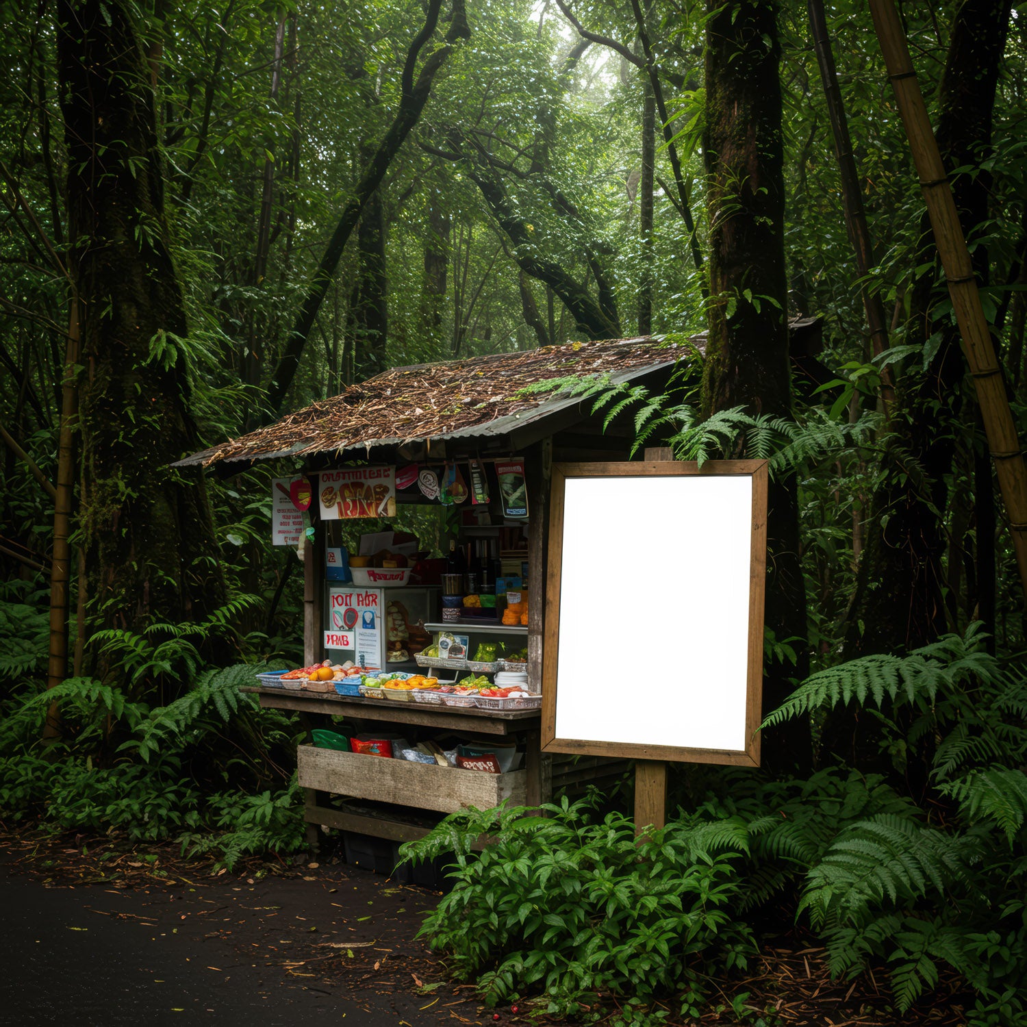 Rustic Forest Market Stall with Fresh Produce
