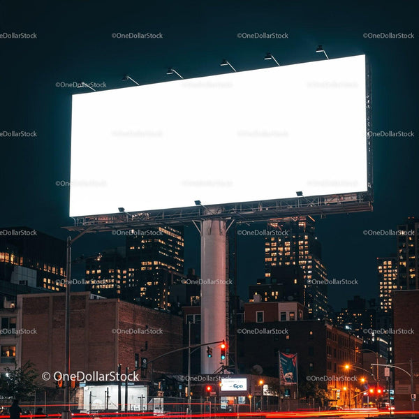 Illuminated blank billboard in urban cityscape at night JPG Mockup Image