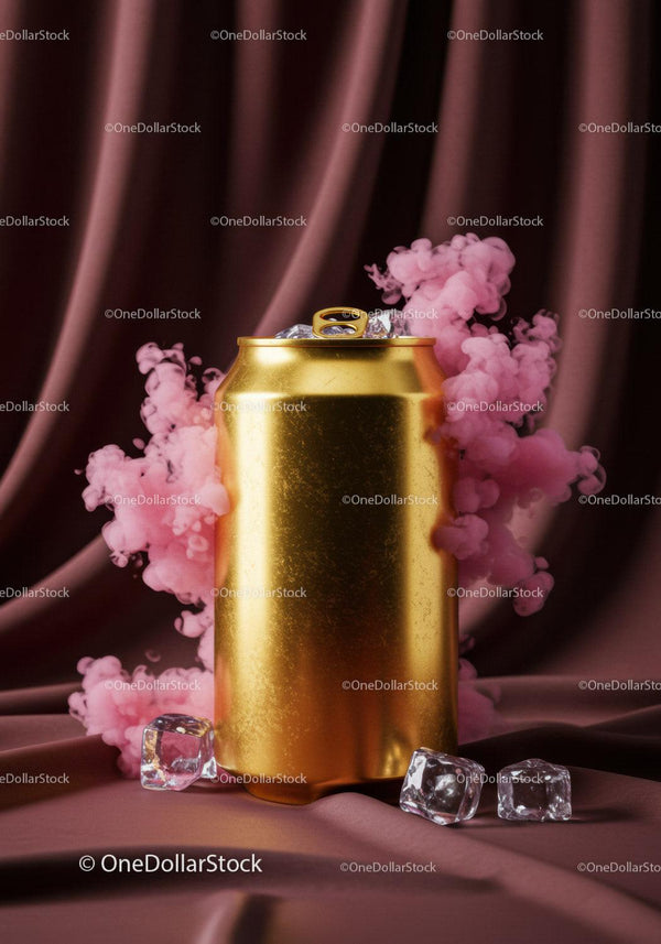 Golden soda can with ice cubes and pink smoke effect