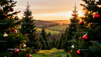 Sunset over Christmas tree farm with festive decorations