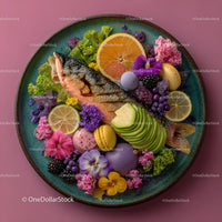 Colorful Salmon and Fruit Plate with Edible Flowers and Macarons