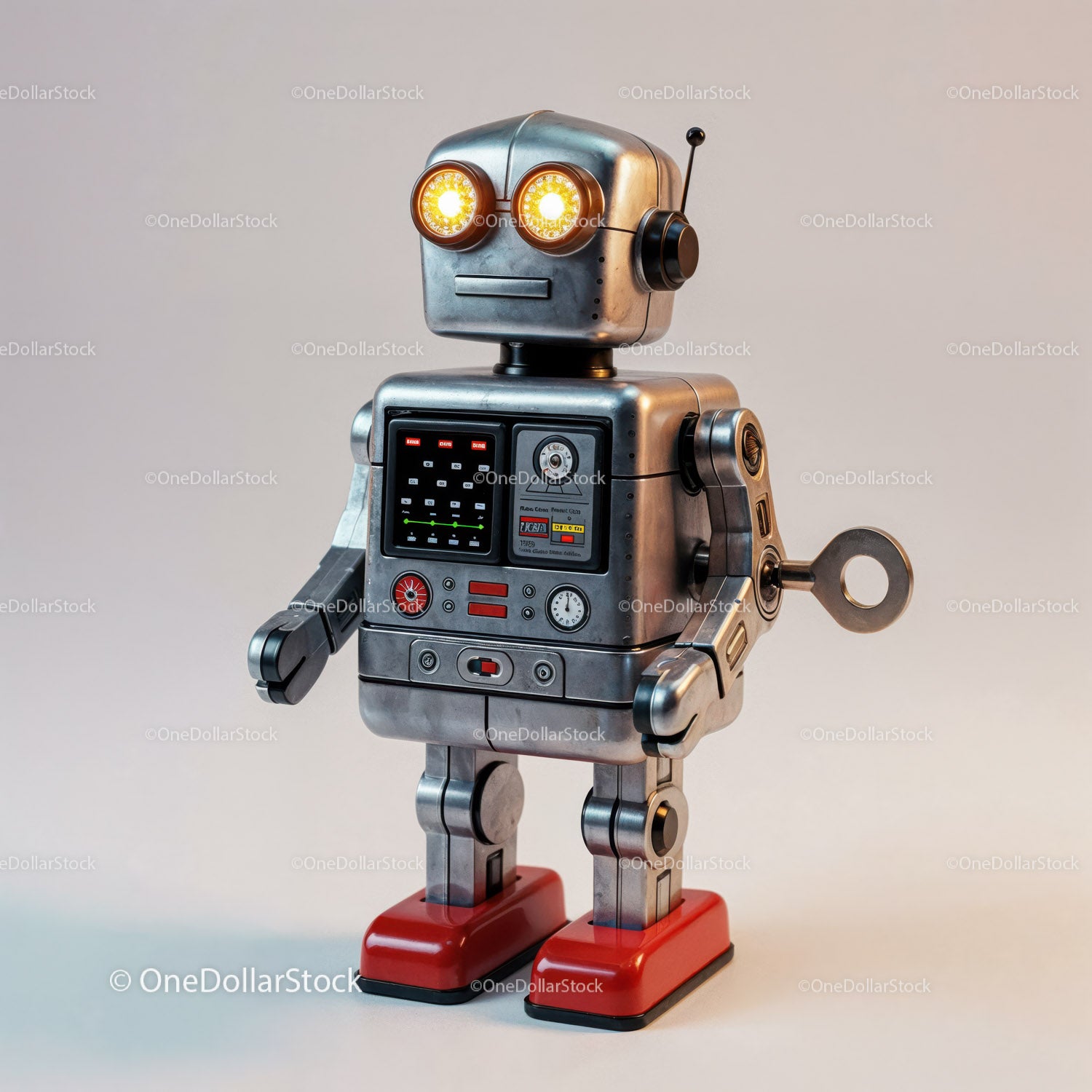 Vintage Retro Silver Metal Robot Toy with Red Shoes