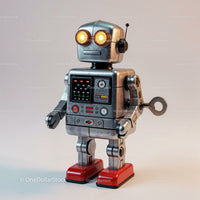 Vintage Retro Silver Metal Robot Toy with Red Shoes