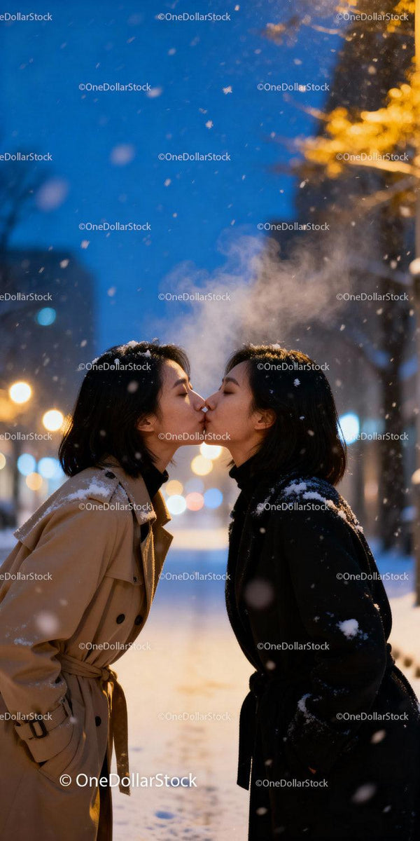 Couple sharing a warm kiss on snowy winter evening
