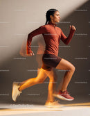 Athletic woman sprinting forward with focused determination