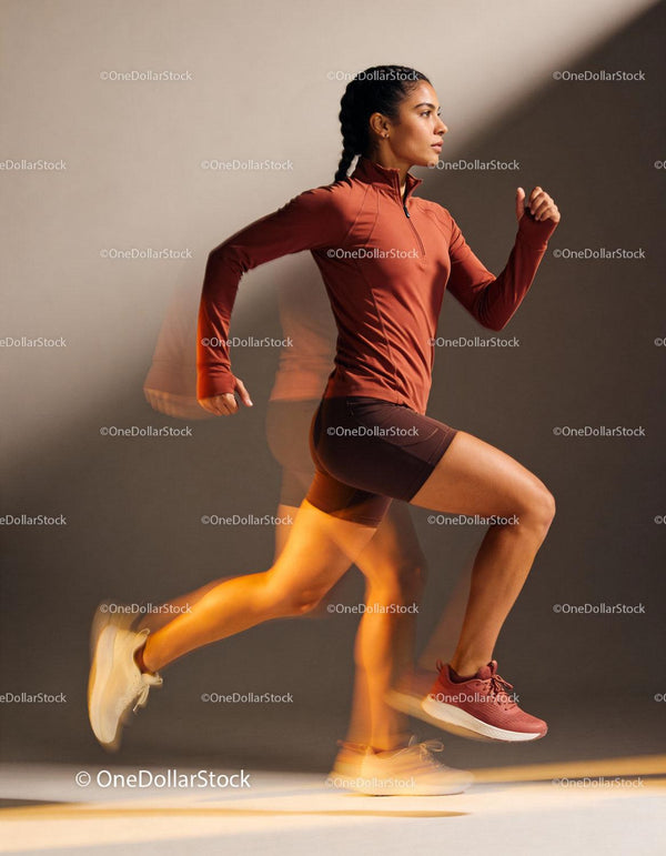 Athletic woman sprinting forward with focused determination