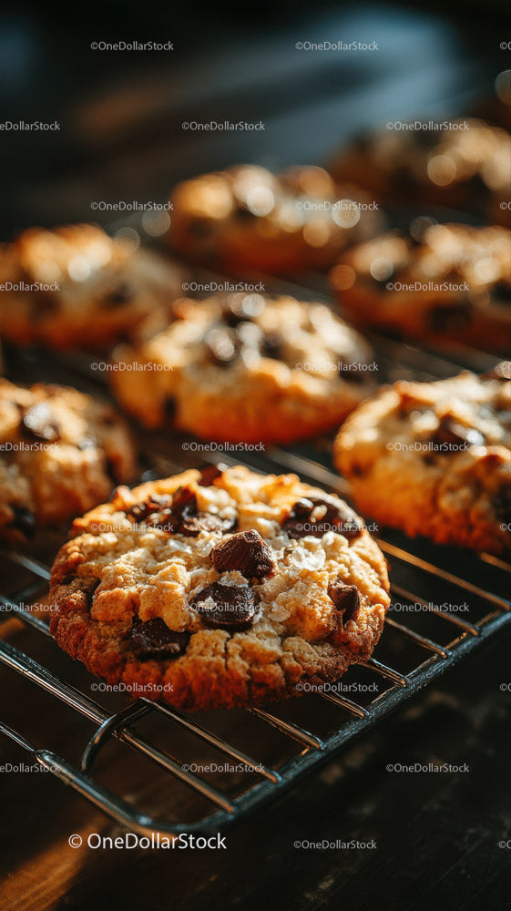 Chocolate Chip Cookies Freshly Baked on Cooling Rack