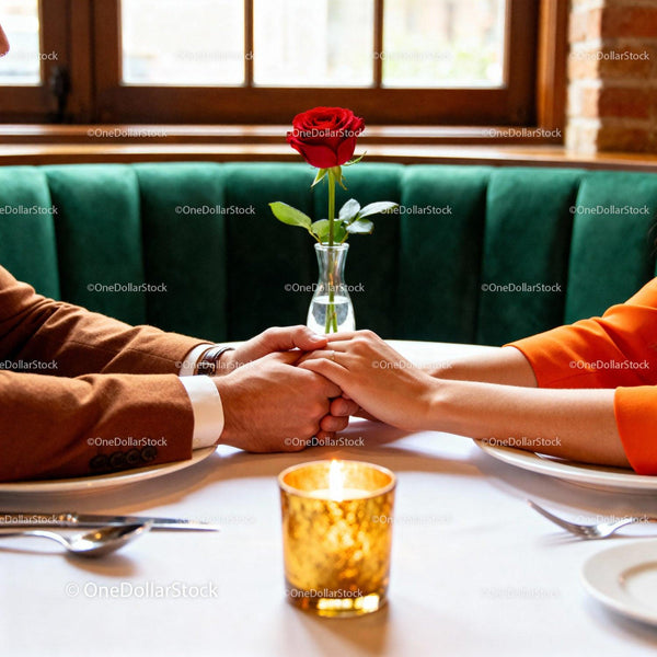 Couple Holding Hands at Romantic Candlelit Dinner Table