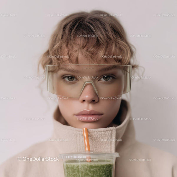 Young Woman in Sunglasses Drinking Green Smoothie in Casual Style
