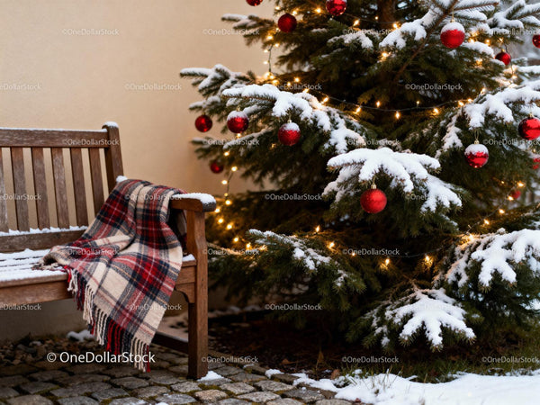 Snow-Covered Christmas Tree with Cozy Outdoor Bench